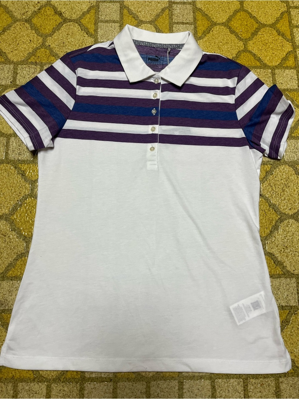 New Puma White Polo with Purple and Blue Stripes